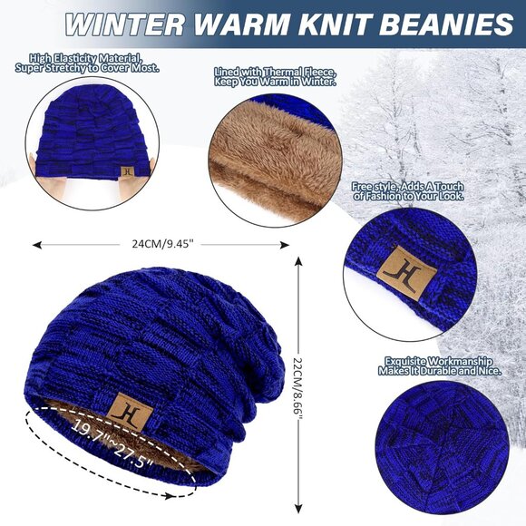 Men\'s Royal Blue Winter Warm Knit Skull Cap Neck Warmer Fleece Lined Scarf Set